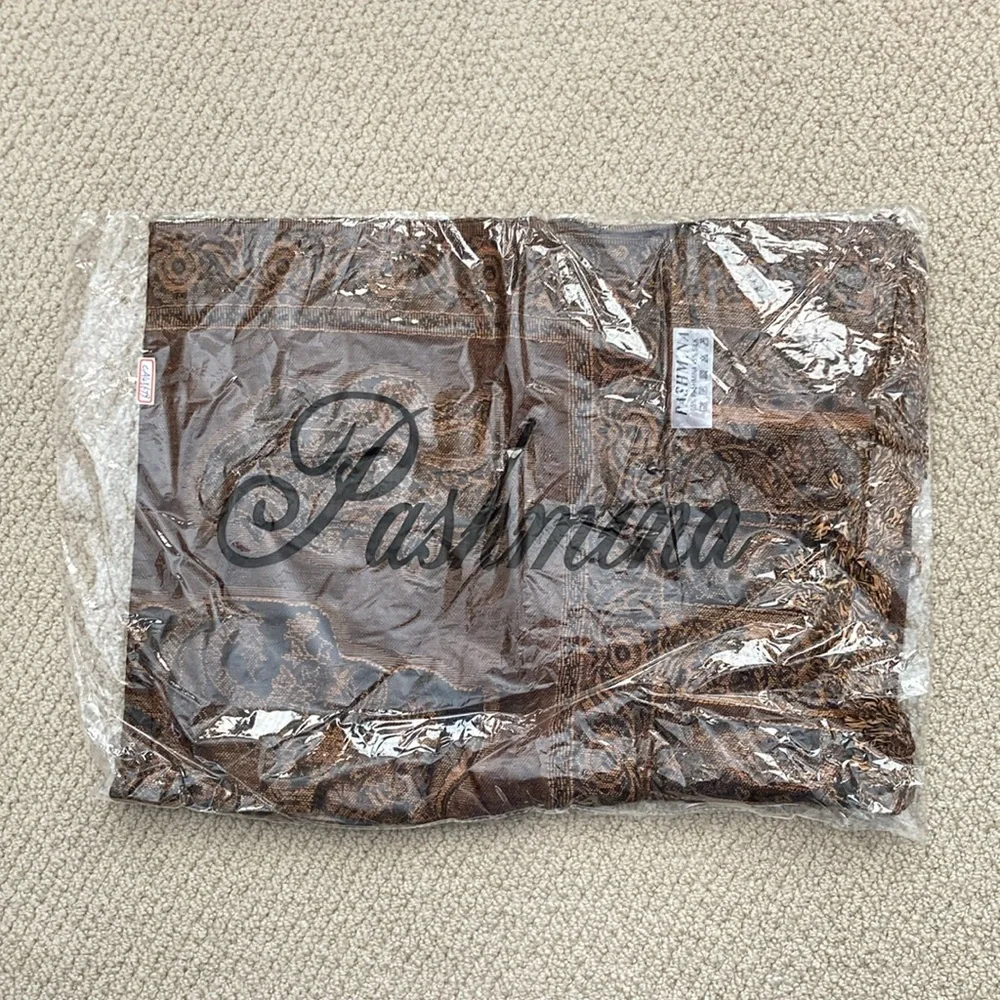 NEW Pashmina Scarf Wrap Tassles Black Brown 55% Pashmina 45% Silk SEALED